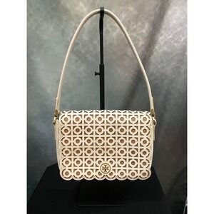 Tory Burch Shoulder Bag Ivory Leather Scalloped Laser Cut Saffiano Leather Purse
